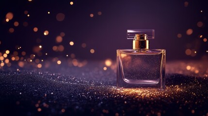 new year or christmas cosmetic background, minimalist perfume bottle on dark purple background with golden sparkling glitter