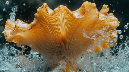 Mushroom, chanterelle close-up in a splash of water