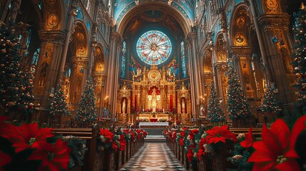 Obraz premium beautiful decorated church during the festive christmas season ornate religious symbols in catholic,lutheran cathedral altar and isle,winter decorations to celebrate birth of jesus.stock image