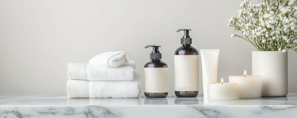 Premium hair treatment products arranged on a marble counter, surrounded by soft towels and candles