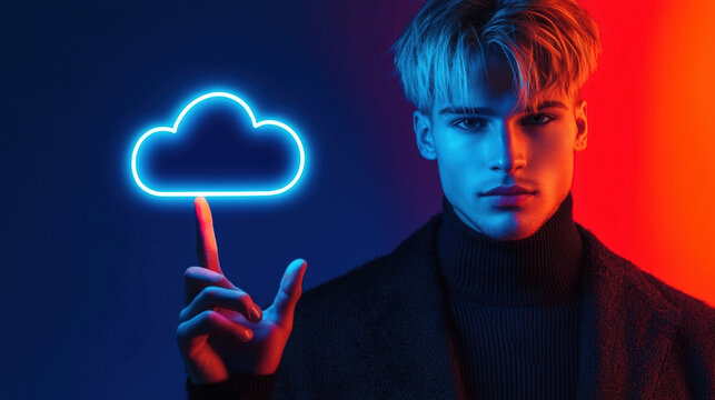 young man with stylish hair points at glowing cloud symbol, showcasing modern and tech savvy vibe. vibrant background enhances futuristic feel