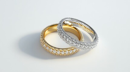 A pair of diamond-studded wedding rings, one gold and one silver, placed side by side on a white background