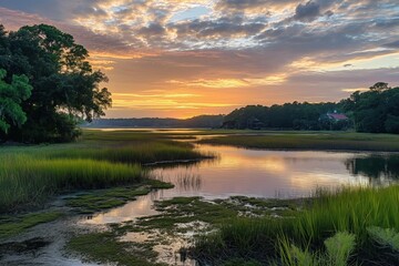 Serene landscape at sunset in Georgia, US, with orange, pink hues in sky. Water below mirrors sky colors. Lush grass, trees surround large body of water, ripples gently.