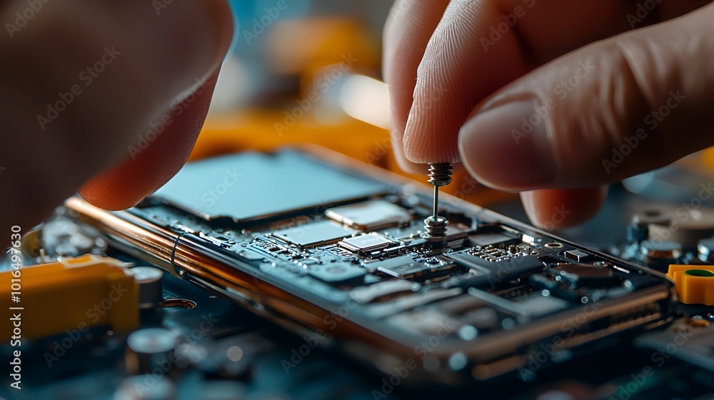 Poster focused view of hands adjusting tiny screws in smartphone's internal components