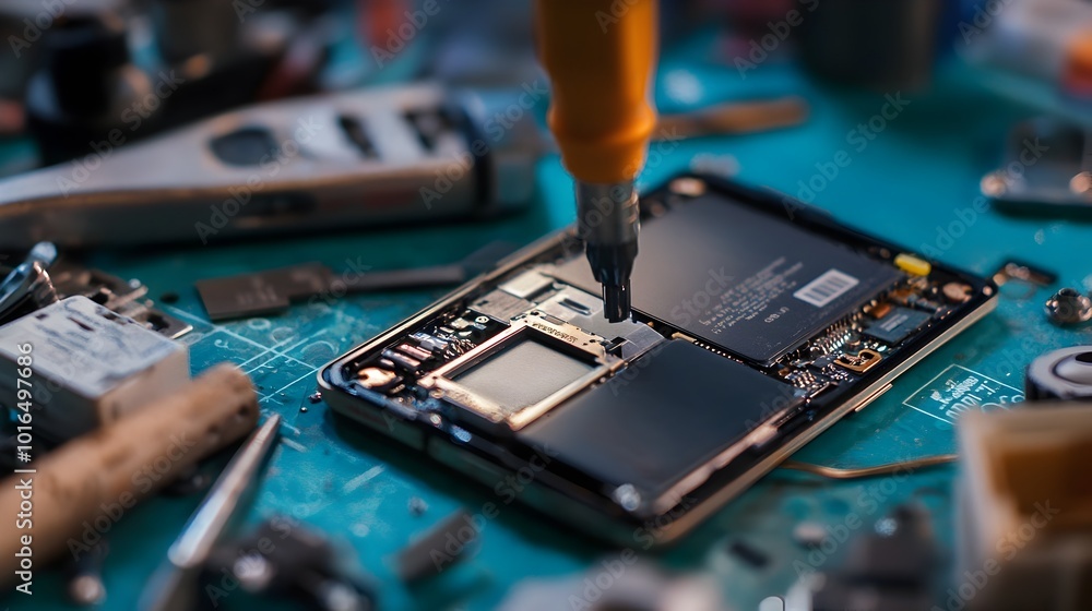 Poster close-up macro of smartphone battery replacement on workbench with tools