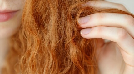 Pflege von verworrenem Haar: Nahaufnahme einer Frau, die ihr lockiges rotes Haar f&uuml;r ihre Fr&uuml;hlings-Sch&ouml;nheitsroutine pflegt