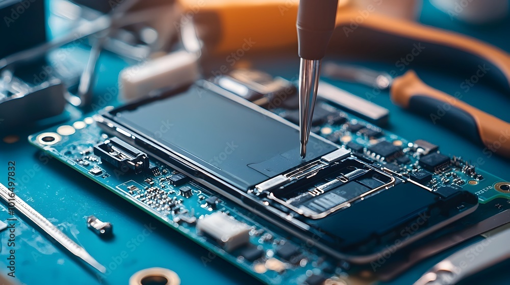 Poster macro view of smartphone battery replacement with tools on clean workbench