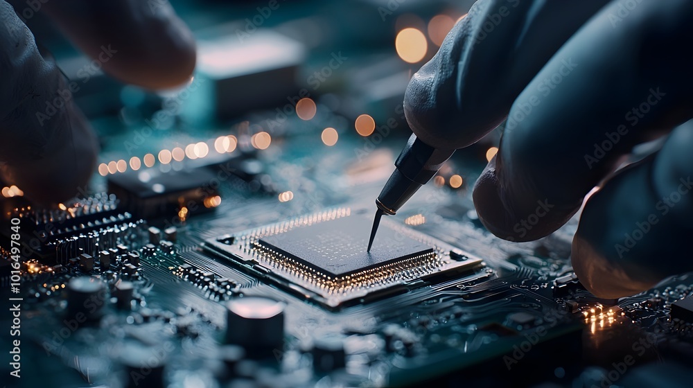 Poster technician precisely aligning microchips inside smartphone with specialized tools
