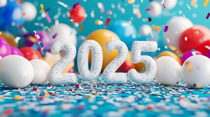 Colorful New Year 2025 celebration with bold white numbers, balloons, and confetti scattered on the floor