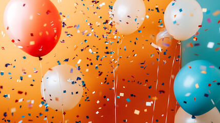 Colorful New Year 2025 celebration with bold white numbers, balloons, and floating confetti pieces