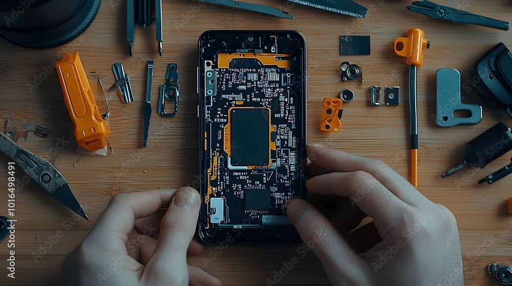 Poster macro view of hands installing new sim tray in smartphone with repair tools