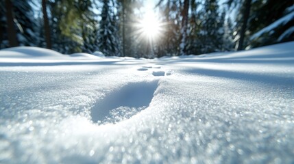 Fototapeta premium Footprints carve a path through the crisp, untouched snow in a dense winter forest, illuminated by the sun's rays, revealing a sense of adventure and curiosity.