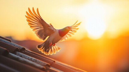 A pigeon launching itself into the air from a park, wings spread wide in a display of freedom. The background of trees and open space enhances the sense of liberation and connection with nature
