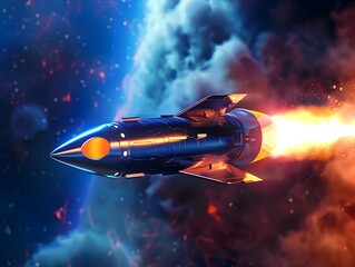 Futuristic Rocket Ship Blasting Off from High Tech Facility Toward the Stars