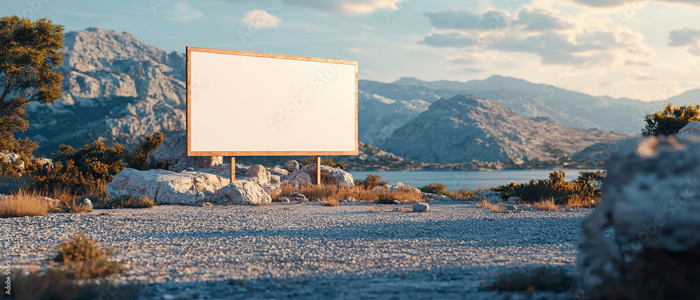 Wall mural blank advertising sign stands prominently in serene landscape, surrounded by rocky terrain and mount