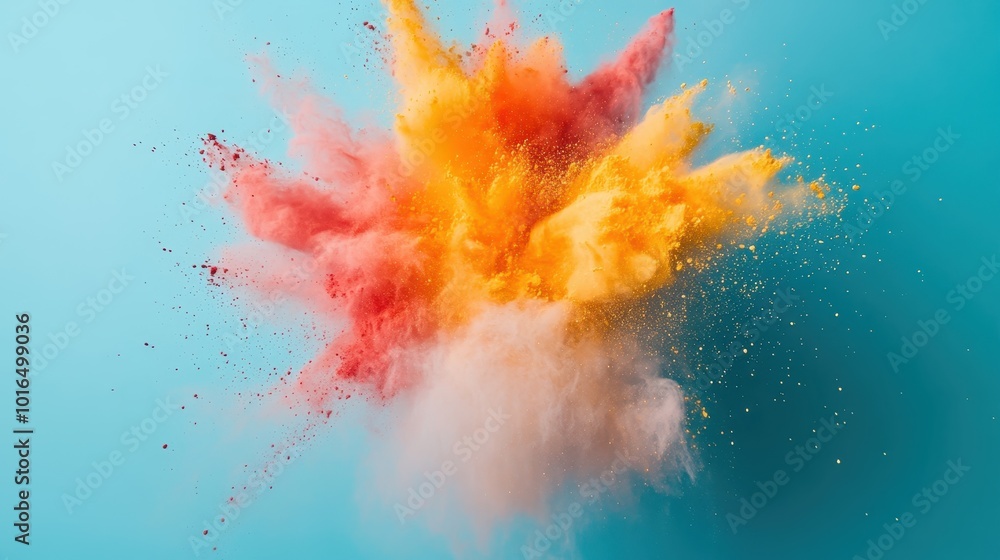 Poster a powerful explosion of yellow and red powders blending on a bright aqua background, representing dy