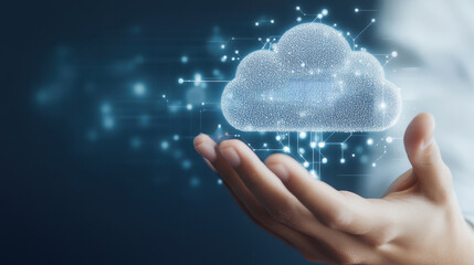 Hand presenting a digital cloud with technological icons, symbolizing connectivity and innovation in modern technology