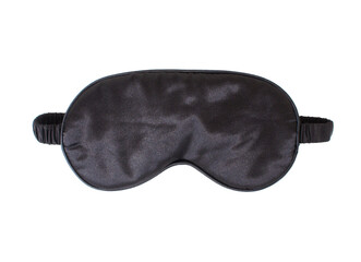Black sleeping silk mask. Eye mask isolated on white background. Fashionable accessory for sleeping, relax, travel. Front view. Close-up.