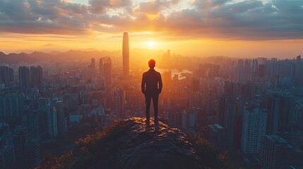 Fototapeta premium businessman standing atop a mountain peak overlooking a city landscape vision and success concept underscoring the achievement of reaching one s goals triumphant moment.create by F.a