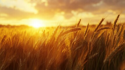Obraz premium A panoramic view of a barley field during the golden hour, with the setting sun casting a warm glow.