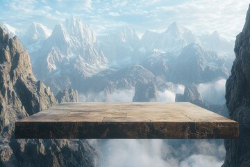 A floating empty platform with majestic mountains background 