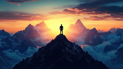 businessman standing in a heroic pose atop a mountain peak pioneering of new paths and the attainment of business heights perseverance leadership and the spirit of entrepreneurship.illustration