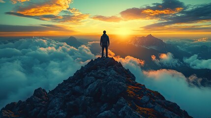businessman standing in a heroic pose atop a mountain peak pioneering of new paths and the attainment of business heights perseverance leadership and the spirit of entrepreneurship.create by F.a