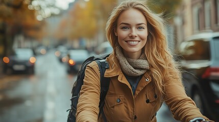 Fototapeta premium businesswoman commuter on the way to work on bike sustainable lifestyle concept.stock image