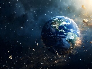 Fototapeta premium Vibrant Earth Surrounded by Space Debris Highlighting Human Impact on Planetary Orbit