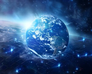 Fototapeta premium Futuristic Earth with Vast Solar Arrays Beaming Renewable Energy From Space