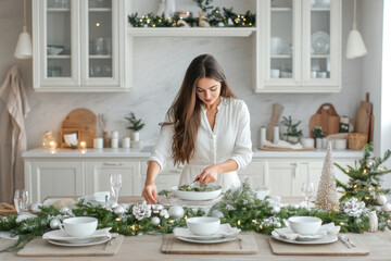 Young woman setting table for Christmas in white kitchen living room