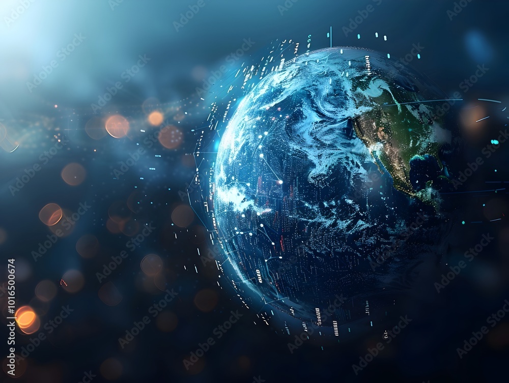Poster digital earth constructed from streams of data symbolizing the digital age and planet concept