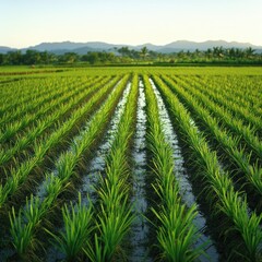 A panoramic view of a large rice paddy field, with rows of bright green plants reflecting the soft morning light under a clear sky