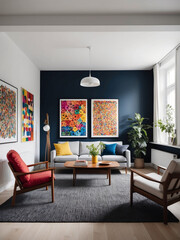 Stylish Mid-Century Living Room with Navy Blue Accent Wall and Vibrant Wall Art