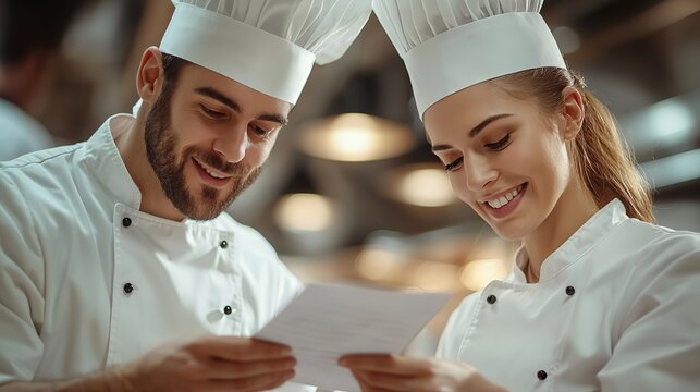 chef and cook taking order slip in commercial kitchen.stock image