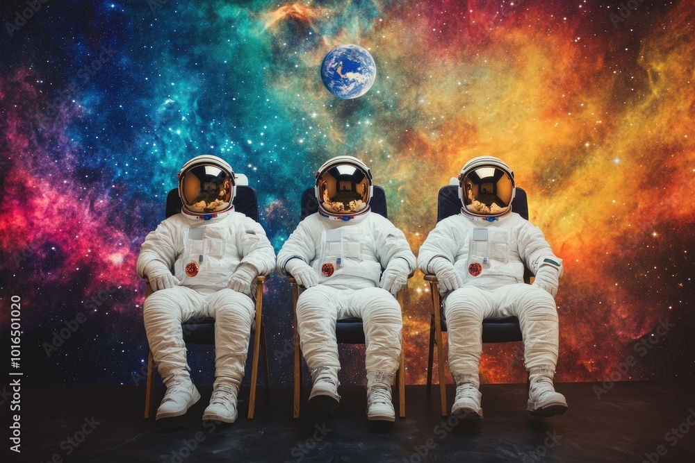 Aufkleber three astronauts sit in chairs in front of a space backdrop.