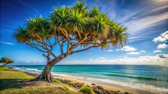 Tranquil pandanus tree by the sea, set against a clear sky, embodies tropical paradise vibes in stunning landscape photography, inviting serene relaxation and blissful escape.