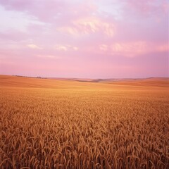 Obraz premium A panoramic view of a vast, golden wheat field with neat rows of crops under a soft pink sunset sky