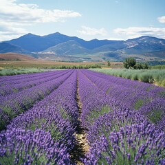 Naklejka premium A panoramic view of a wide-open field of blooming lavender, with rows of purple flowers leading toward distant mountains