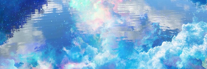 パステルカラーの入道雲の神秘的な宇宙背景ワイドイラスト