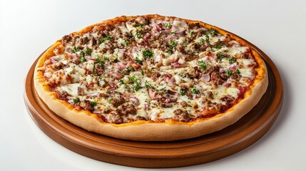 A beautifully presented pizza on a wooden platter, garnished with fresh ingredients, designed with ample space around it for easy addition of copy or promotional text