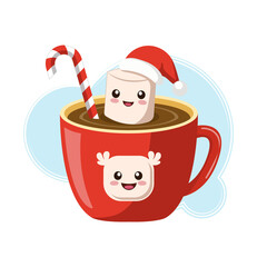 Christmas cartoon cup of coffee with marshmallow wearing santa cap  vector illustration png.
