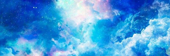 パステルカラーの入道雲の神秘的な宇宙背景ワイドイラスト