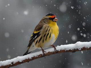 Obraz premium a lonely carduelis bird sits on a branch in winter during a snowfall AI generated