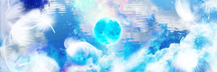 名称未設定のアートワ青い夜空に漂う雲海と青い満月の背景イラストとふわふわと舞う白い天使の羽 © NORIMA