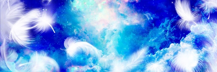 名称未設定のアートワーク-青い夜空に漂う雲海の背景イラストとふわふわと舞う白い天使の羽