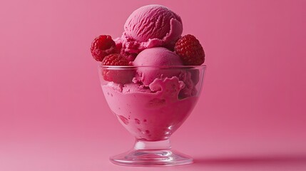 A charming presentation of raspberry ice cream in a glass cup, highlighted by a vibrant pink backdrop. The juicy raspberries add a delicious flavor contrast, perfect for summer indulgence.