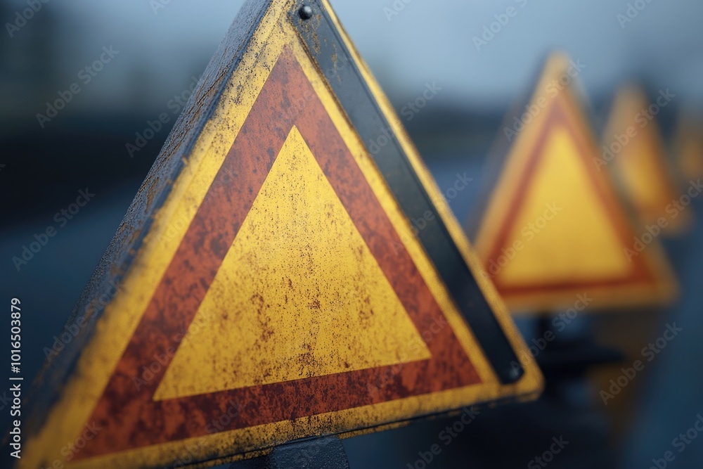 Aufkleber a close-up shot of a bright yellow and red triangle warning sign.