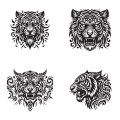Tribal vector collection of tiger heads in black and white