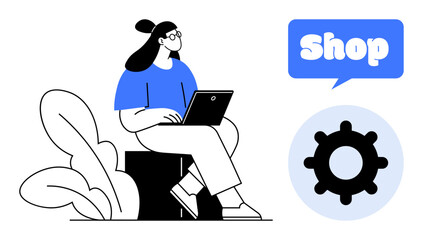 Woman with glasses sitting on a bench, using a laptop. Speech bubble saying Shop, gear icon below. Ideal for e-commerce, online shopping, digital marketing, technology, consumer behavior, modern
